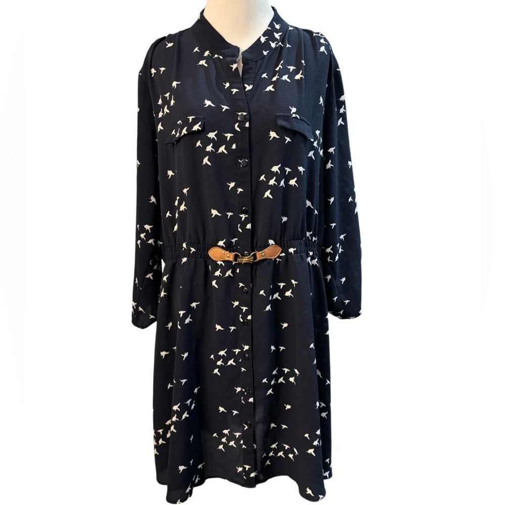 Always Indigo Navy Bird Print Shirt Dress 3X Button Front Faux Belt